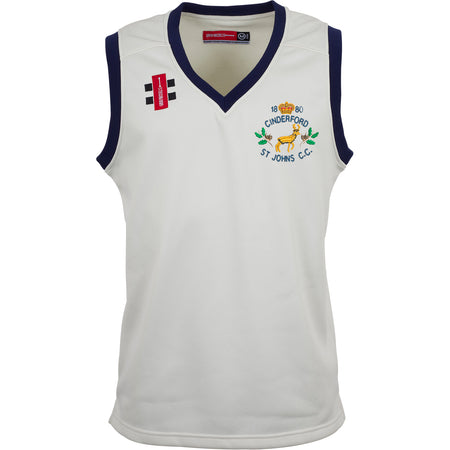 The Gray Nicolls Cinderford St Johns CC Junior Pro Performance Slipover is a sleeveless white vest with navy trim, lightweight bonded fabric, embroidered logos, "Cinderford St Johns C.C. 1880" text, and a yellow lion with cricket bat on the chest.