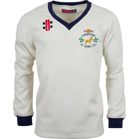 The Gray Nicolls Cinderford St Johns CC Pro Performance Sweater is white with navy collar and cuffs, featuring the club crest and embroidered chest logos.