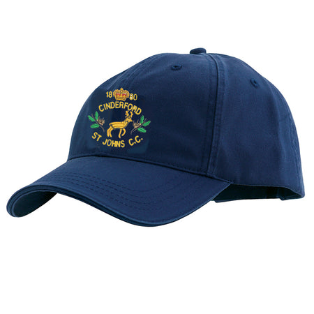 The Cinderford St Johns CC Baseball Cap by Martin Berrill Sports is a navy blue cap with an embroidered yellow crown, stag, and “Cinderford St Johns C.C. 1880” on the front.