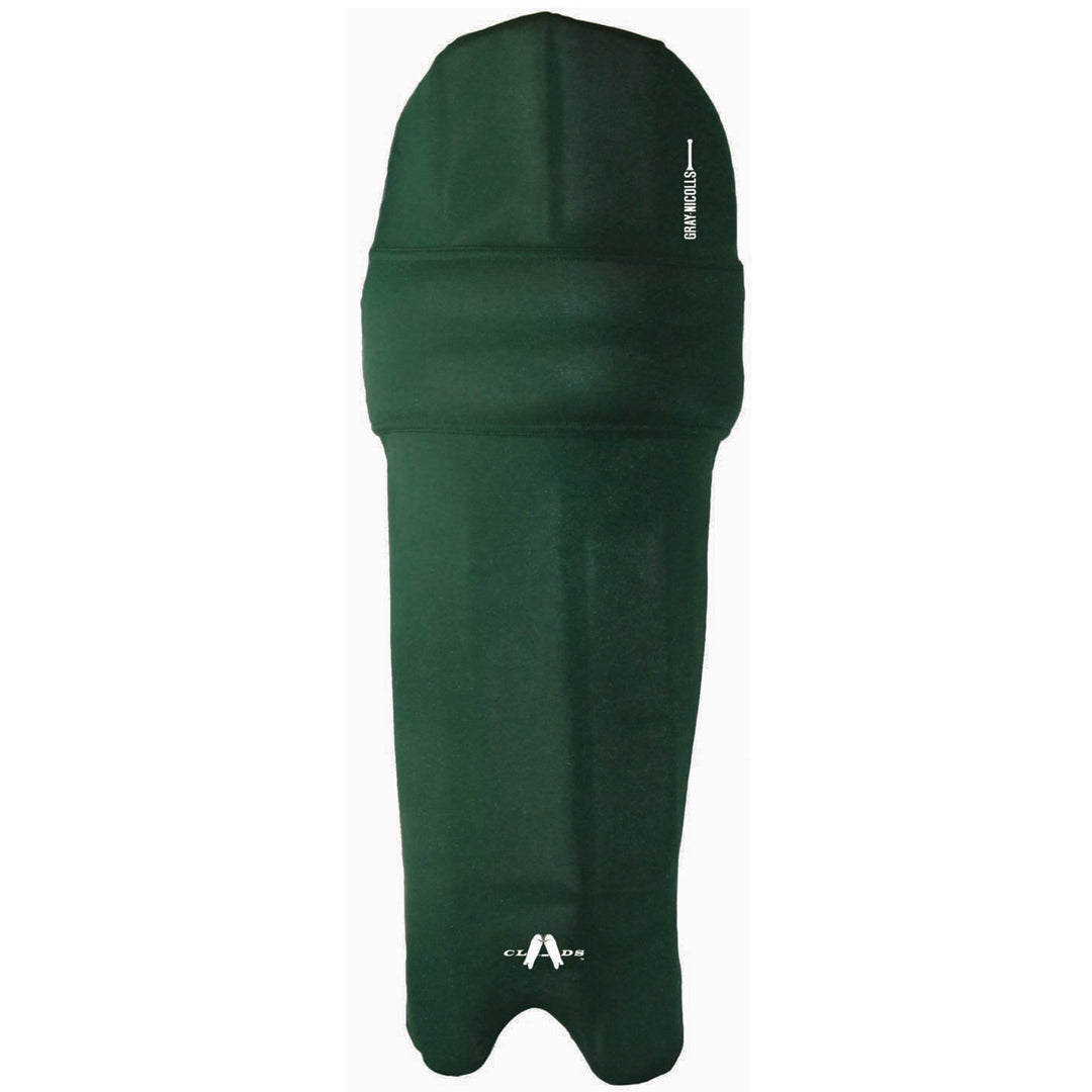 The Gray Nicolls Cricket Batting Clads are green, full-length covers with fitted contours and white branding near the top and bottom, designed like colored batting pad covers for both style and protection.