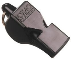 The Fox 40 Classic Whistle is a black, pealess whistle with a metal key ring, designed for referees and personal safety in sports or emergencies.
