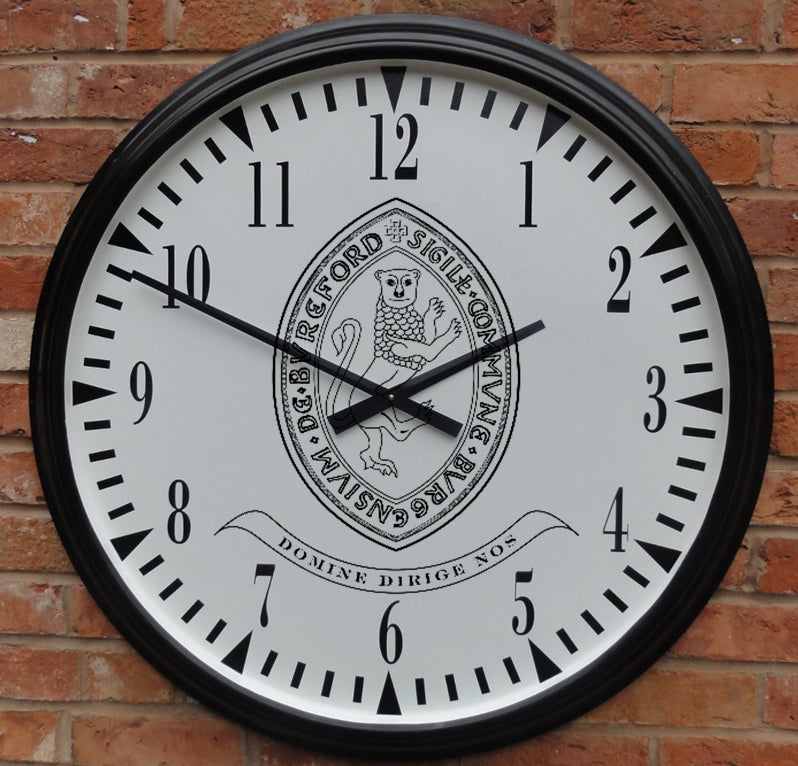 The Pavilion Sports Club House Clock by Martin Berrill Sports features a lion crest, Latin text, and bold black hands showing 10:10:53. Designed for outdoor use, it's perfect as an external or cricket pavilion clock.