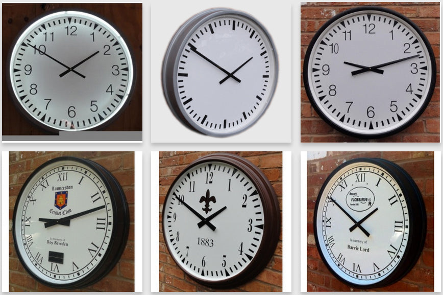 A collage of six Pavilion Sports Club House Clocks by Martin Berrill Sports, each with a unique design inspired by classic cricket pavilion clocks, featuring round white faces and black numbers on brick or plain backgrounds, all showing different times.