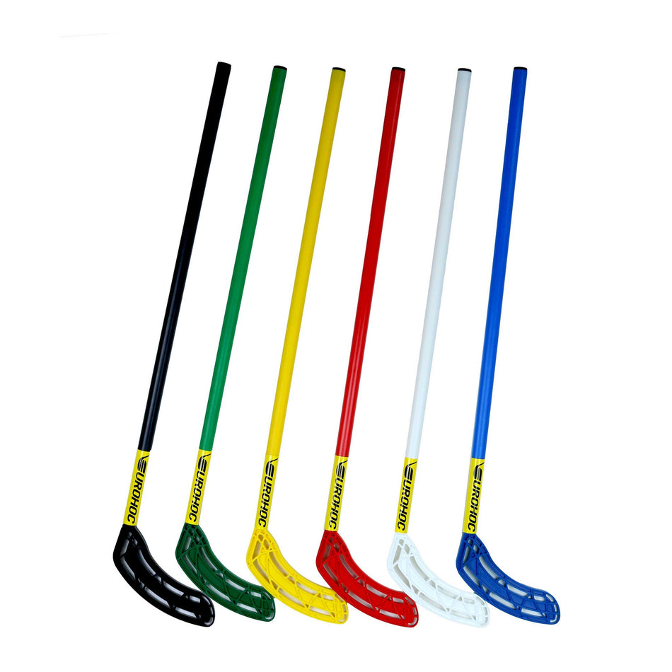 Six Eurohoc Floorball Club Hockey Sticks by Eurohoc stand upright in a row, each featuring a blue shaft and matching blade—perfect for active play team games that boost hand-eye coordination.