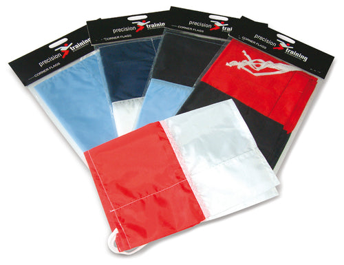 Four sets of Precision Corner Flags by Precision Training, in red, white, blue, and black polyester, are fanned out. The packaging displays the brand name and a logo with a running figure.