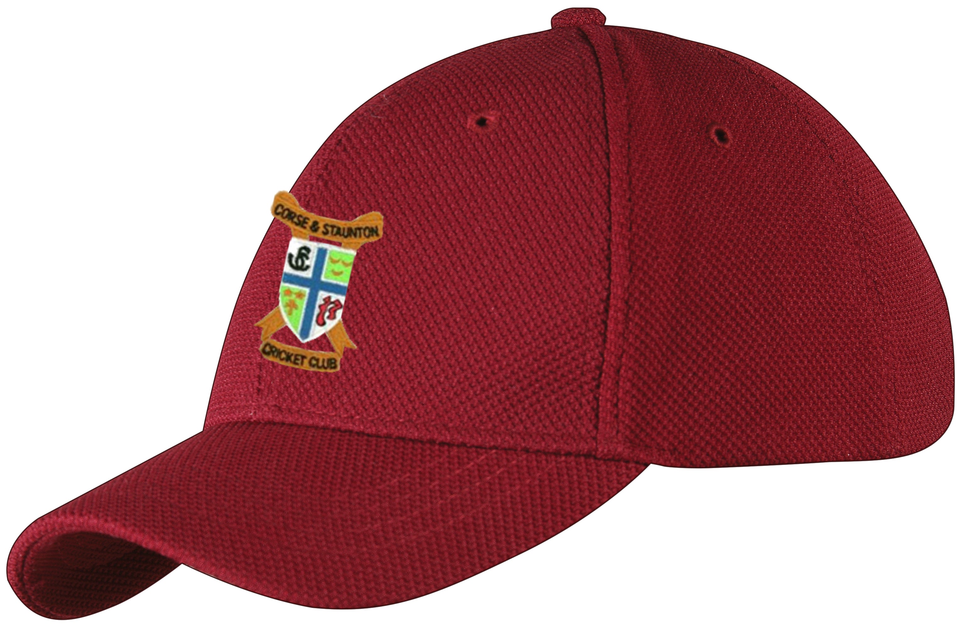The Gray Nicolls Corse & Staunton CC GN County Cap is maroon with a multicolored embroidered club logo on the front, a curved brim, textured fabric, and comes in one size for comfort.