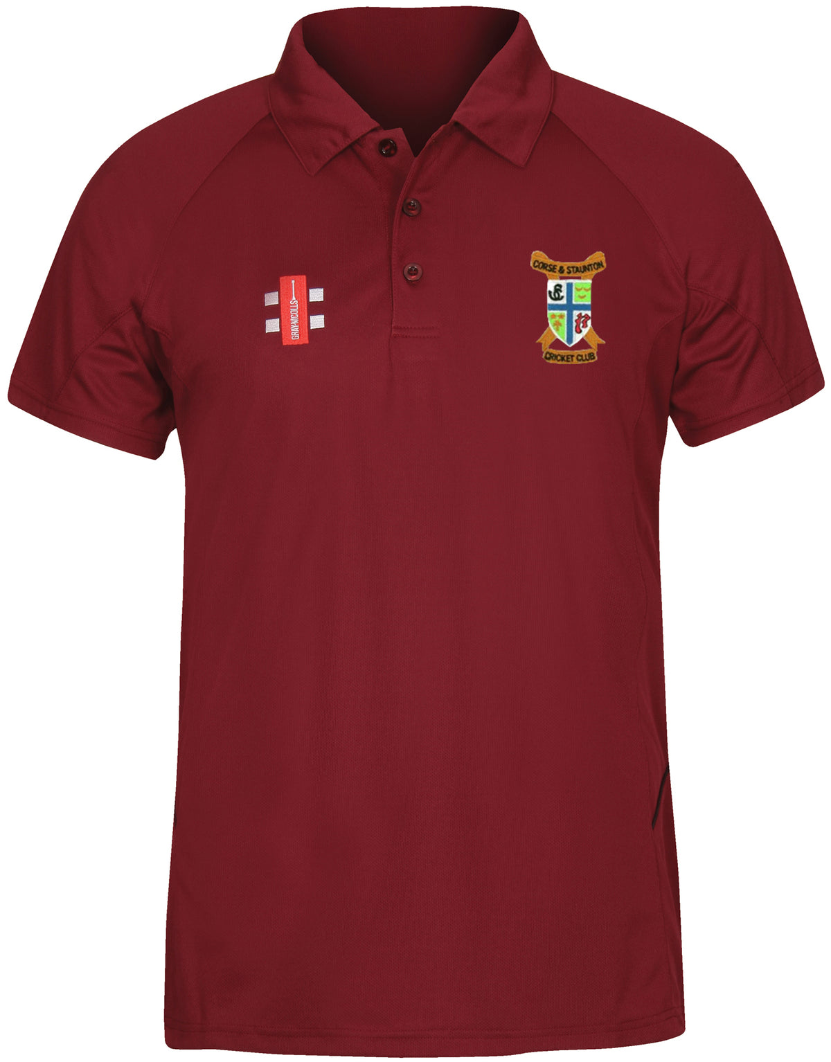 The Gray Nicolls Corse & Staunton CC Junior Matrix V2 Polo Shirt is a maroon, short-sleeved training top with a collar, club crest on the left chest, and a white/red logo on the right. Features moisture-wicking for comfort.