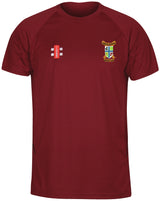 The Corse & Staunton CC Matrix V2 T Shirt by Gray Nicolls is a maroon short-sleeve active training top made from 100% polyester, featuring a colorful club crest on the left chest and a white-red logo on the right, shown on a white background.