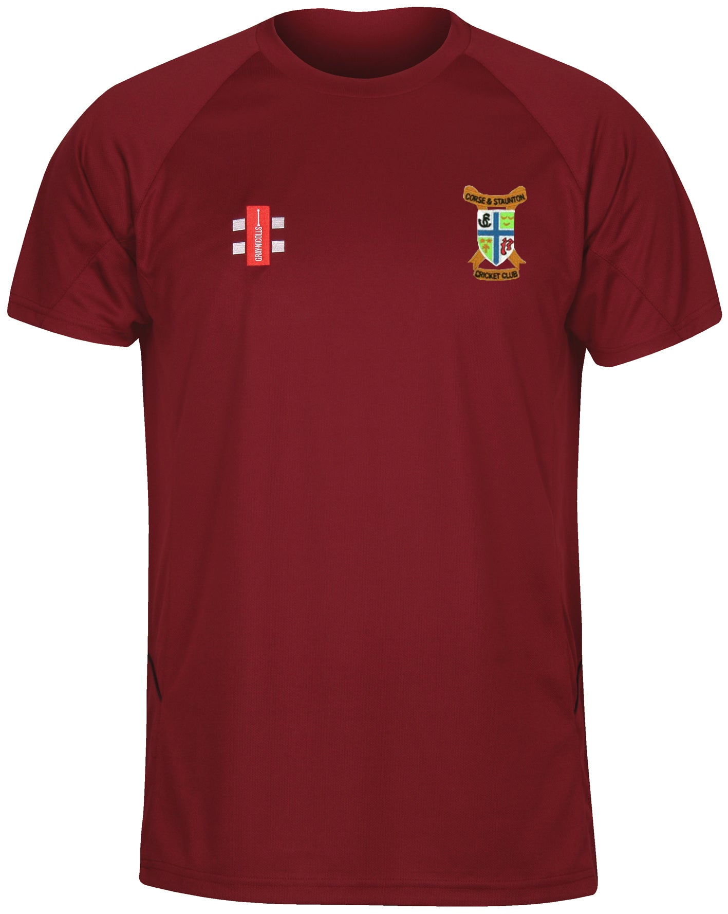 The Gray Nicolls Corse & Staunton CC Junior Matrix V2 T Shirt is a maroon sports polyester tee, with a small red and white logo on the left chest and a multicolored Cricket Club crest on the right chest.