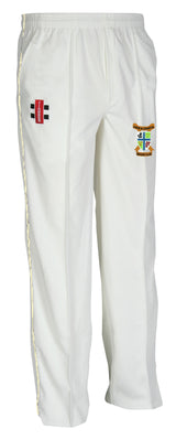 The Gray Nicolls Corse & Staunton CC Matrix V2 Cricket Trouser is white, featuring a red and black logo on the left thigh and a multicolored crest on the right, made with Moisture Control fabric for comfort, shown on a plain white background.