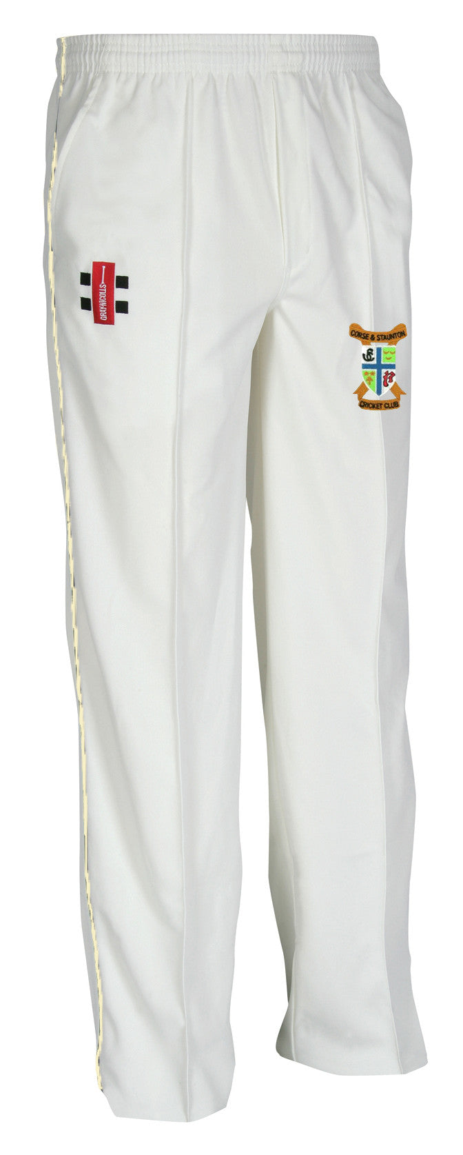 The Gray Nicolls Corse & Staunton CC Junior Matrix V2 Cricket Trouser features an elastic waistband, two embroidered patches, a loose straight-leg fit, and moisture control to keep young cricketers comfortable on the field.