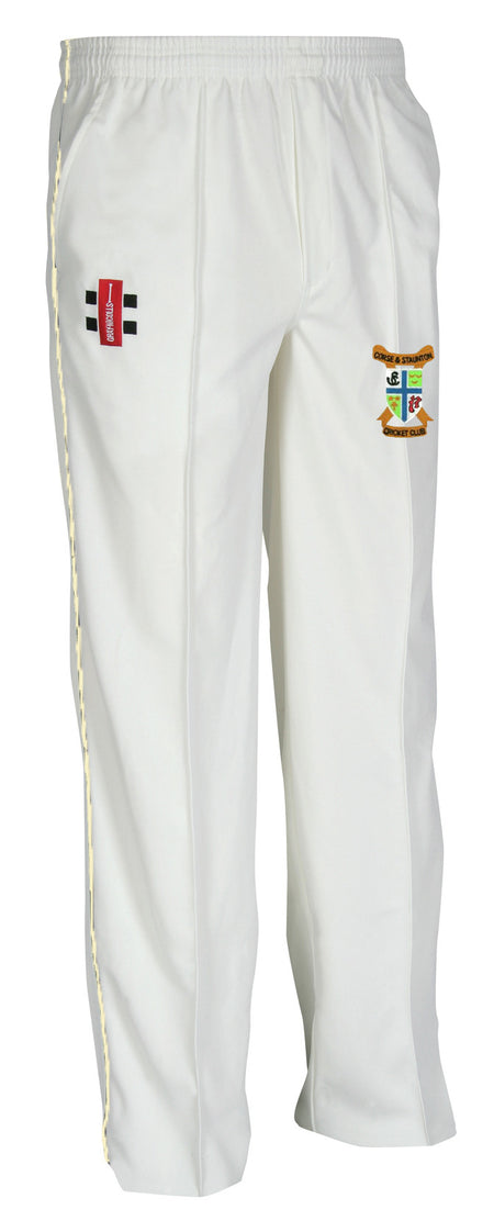 The Gray Nicolls Corse & Staunton CC Junior Matrix V2 Cricket Trouser features an elastic waistband, two embroidered patches, a loose straight-leg fit, and moisture control to keep young cricketers comfortable on the field.
