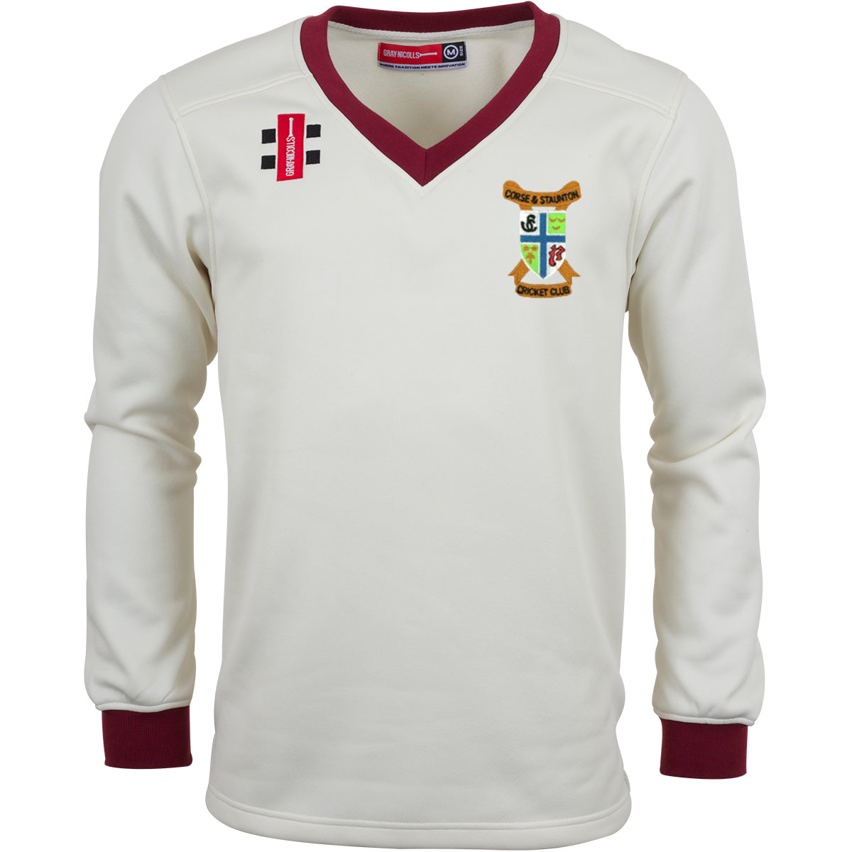 The Gray Nicolls Corse & Staunton CC Pro Performance Sweater is a long-sleeved cream cricket sweater with maroon cuffs and V-neck, made from lightweight bonded fabric. It has a club crest on the left chest and two rectangular patches on the right.