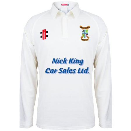 The Corse & Staunton CC Junior Matrix V2 Long Sleeve Shirt by Gray Nicolls is a white match shirt with a crest on the left chest, red and black logo on the right, and Nick King Car Sales Ltd. in blue. Made from moisture-wicking fabric for comfort.