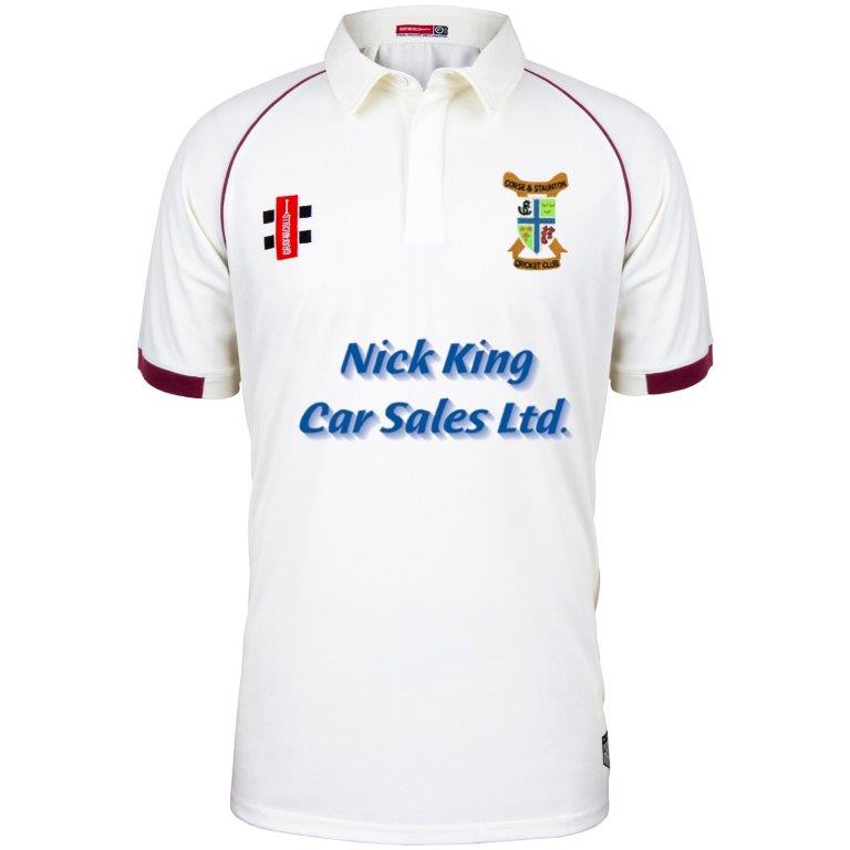 The Corse & Staunton CC Matrix V2 Short Sleeve Match Shirt by Martin Berrill Sports features maroon trim, embroidered chest logos, and Nick King Car Sales Ltd. in blue across the front; stylish and moisture-wicking for cricket comfort.