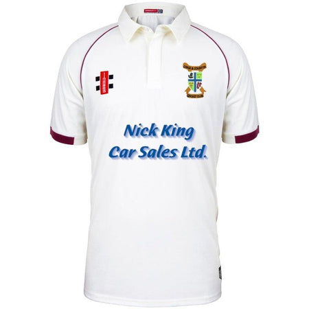 The Corse & Staunton CC Matrix V2 Short Sleeve Match Shirt by Martin Berrill Sports features maroon trim, embroidered chest logos, and Nick King Car Sales Ltd. in blue across the front; stylish and moisture-wicking for cricket comfort.