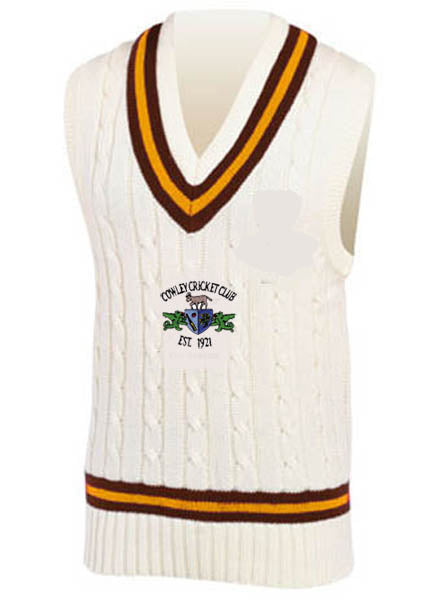 The Cowley CC Short Sleeve Slipover by Martin Berrill Sports is a white cable-knit vest with short sleeves, brown and yellow stripes on the V-neck and waist, the Cowley Cricket Club logo, and “Est. 1921” embroidered on the front.
