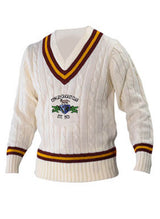 The Cowley CC Long Sleeve Sweater by Martin Berrill Sports features maroon and yellow striped trim, the Cowley Cricket Club logo, and “Est. 1974” on the chest—a perfect pick for fans of classic cricket style.