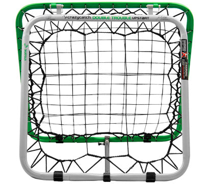 The Crazy Catch Upstart Double Trouble by Crazy Catch is a square rebound net with a green and white frame and tightly strung black netting, perfect for soccer training and ball rebounding drills.