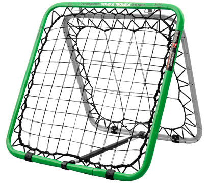 The Crazy Catch Upstart Double Trouble by Crazy Catch is a green and black rebound net with two angled sides, ideal for soccer training. Its sturdy rectangular metal frame and tight net return balls quickly to players.