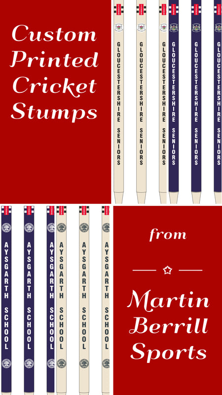 Red and white graphic featuring Gray Nicolls Custom Printed Club Cricket Stumps with Gloucestershire Seniors and Aysgarth School logos, plus text promoting Martin Berrill Sports’ personalised stumps.