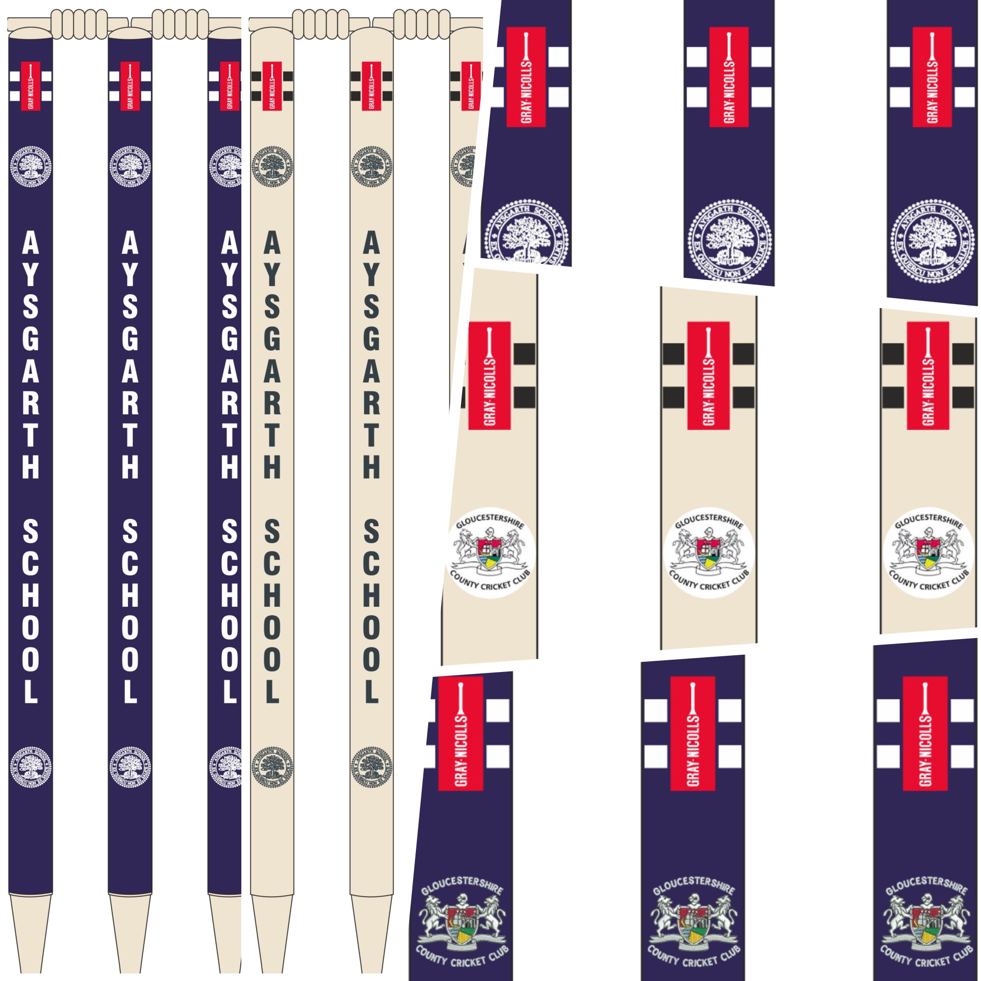 Several Gray Nicolls Custom Printed Club Cricket Stumps and cream-colored bats are arranged beside blue rectangular banners for the Gloucestershire County Cricket Club.