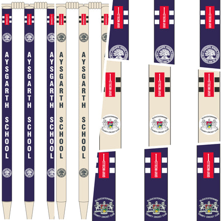Several Gray Nicolls Custom Printed Club Cricket Stumps and cream-colored bats are arranged beside blue rectangular banners for the Gloucestershire County Cricket Club.