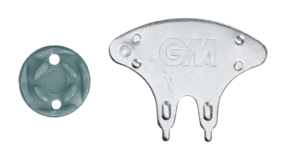 A round, light blue-gray plastic clip and a silver GM spanner are included in the Gunn & Moore Cricket Soft Studs (20) With Spanner set—ideal for adjusting or replacing cricket soft studs.