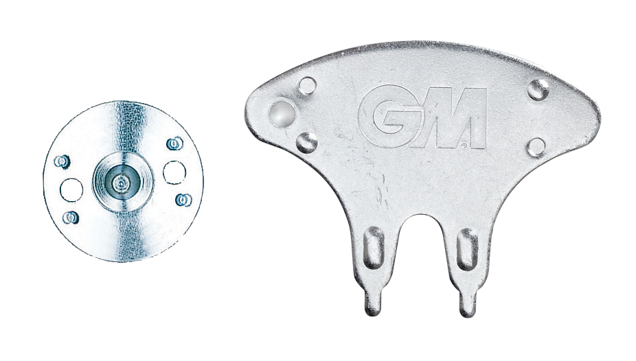Two metal Gunn & Moore Cricket Spikes and a branded spanner tool are shown on a white background. The set includes 20 spikes and a spanner from Gunn & Moore.