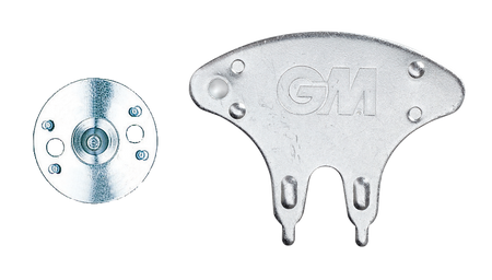 Two metal Gunn & Moore Cricket Spikes and a branded spanner tool are shown on a white background. The set includes 20 spikes and a spanner from Gunn & Moore.
