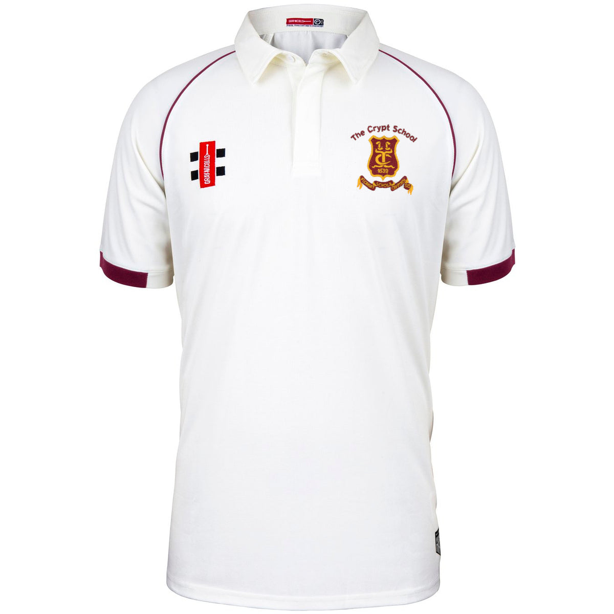 The Crypt School Matrix V2 Short Sleeve Match Shirt by Martin Berrill Sports is a white cricket shirt with maroon trim, The Crypt School emblem on the left chest, and a red-and-black patch on the right.
