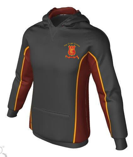 Show your school pride in the Falcon Sportswear Crypt School Spirit Hooded Top—a grey and maroon brushed fleece hoodie with yellow piping, kangaroo pocket, and The Crypt School crest with yellow text on the left chest.
