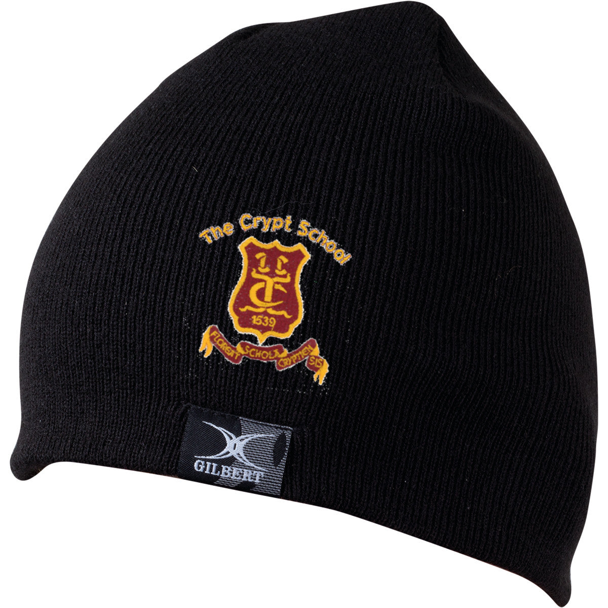 The Crypt School Black Beanie Hat by Gilbert features the school crest and motto embroidered in gold and red on the front—a perfect accessory for any Crypt School supporter.