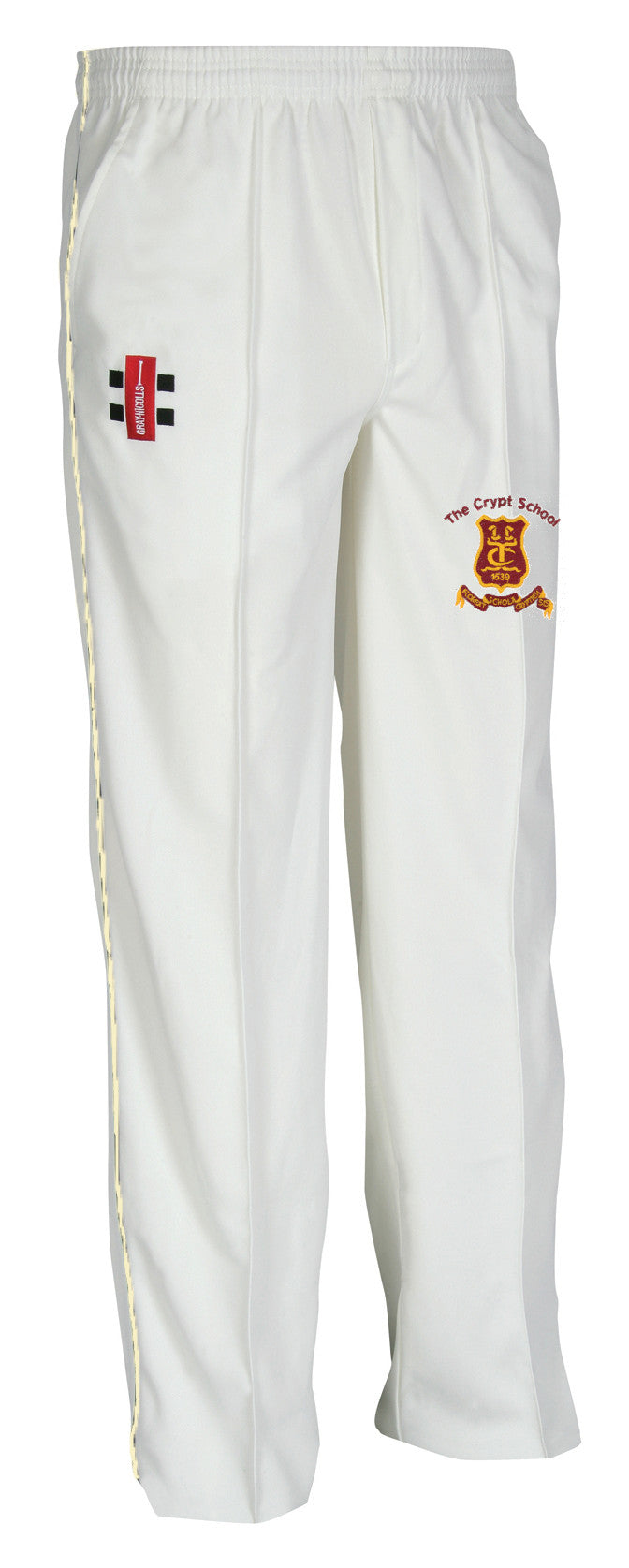 The Gray Nicolls Crypt School Junior Matrix Cricket Trouser features white polyester fabric, an elastic waistband, straight-leg fit, red and black logo on the right thigh, and The Crypt School crest on the left – ideal for junior cricketers.
