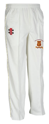 The Gray Nicolls Crypt School Junior Matrix Cricket Trouser features white polyester fabric, an elastic waistband, straight-leg fit, red and black logo on the right thigh, and The Crypt School crest on the left – ideal for junior cricketers.