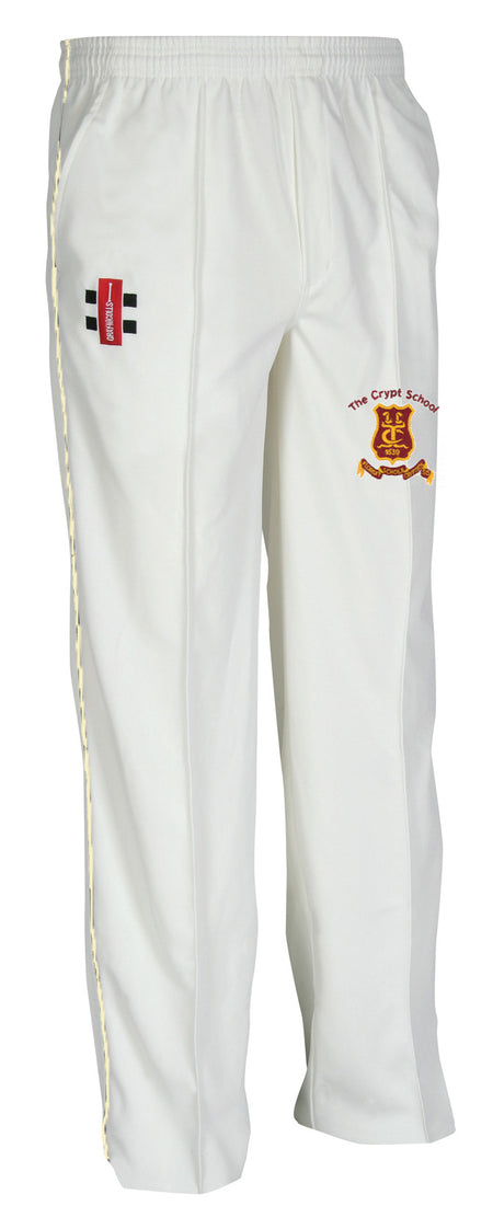The Gray Nicolls Crypt School Junior Matrix Cricket Trouser features white polyester fabric, an elastic waistband, straight-leg fit, red and black logo on the right thigh, and The Crypt School crest on the left – ideal for junior cricketers.