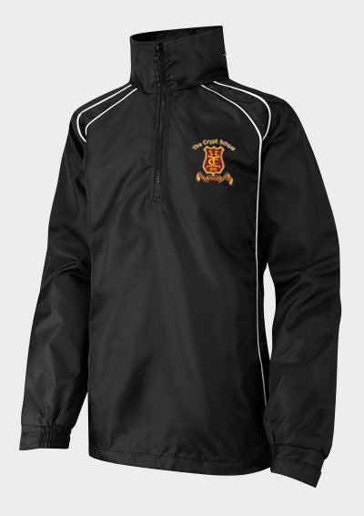 The Falcon Sportswear Crypt School Panelled Rain Jacket is black with white shoulder piping and a quarter-zip collar, featuring an embroidered red and gold school crest on the left chest.