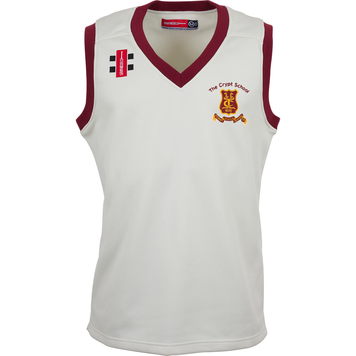 The Gray Nicolls Crypt School Pro Performance Slipover is a sleeveless white jersey with maroon trim, lightweight fabric, an embroidered crest and The Crypt School text on the left chest, plus two black stripes with a red bar above on the right.