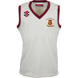The Gray Nicolls Crypt School Junior Pro Performance Slipover features a white design with maroon trim, a crest and "The Crypt School" text on the left chest, plus two small black and red logos on the right chest—ideal for school sports.