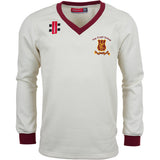 The Gray Nicolls Crypt School Pro Performance Sweater is cream with maroon cuffs, collar, and hem, embroidered with The Crypt School crest and features two upper chest patches.