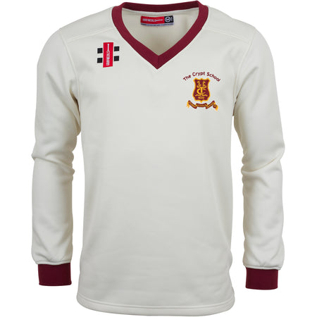 The Gray Nicolls Crypt School Pro Performance Sweater is cream with maroon cuffs, collar, and hem, embroidered with The Crypt School crest and features two upper chest patches.