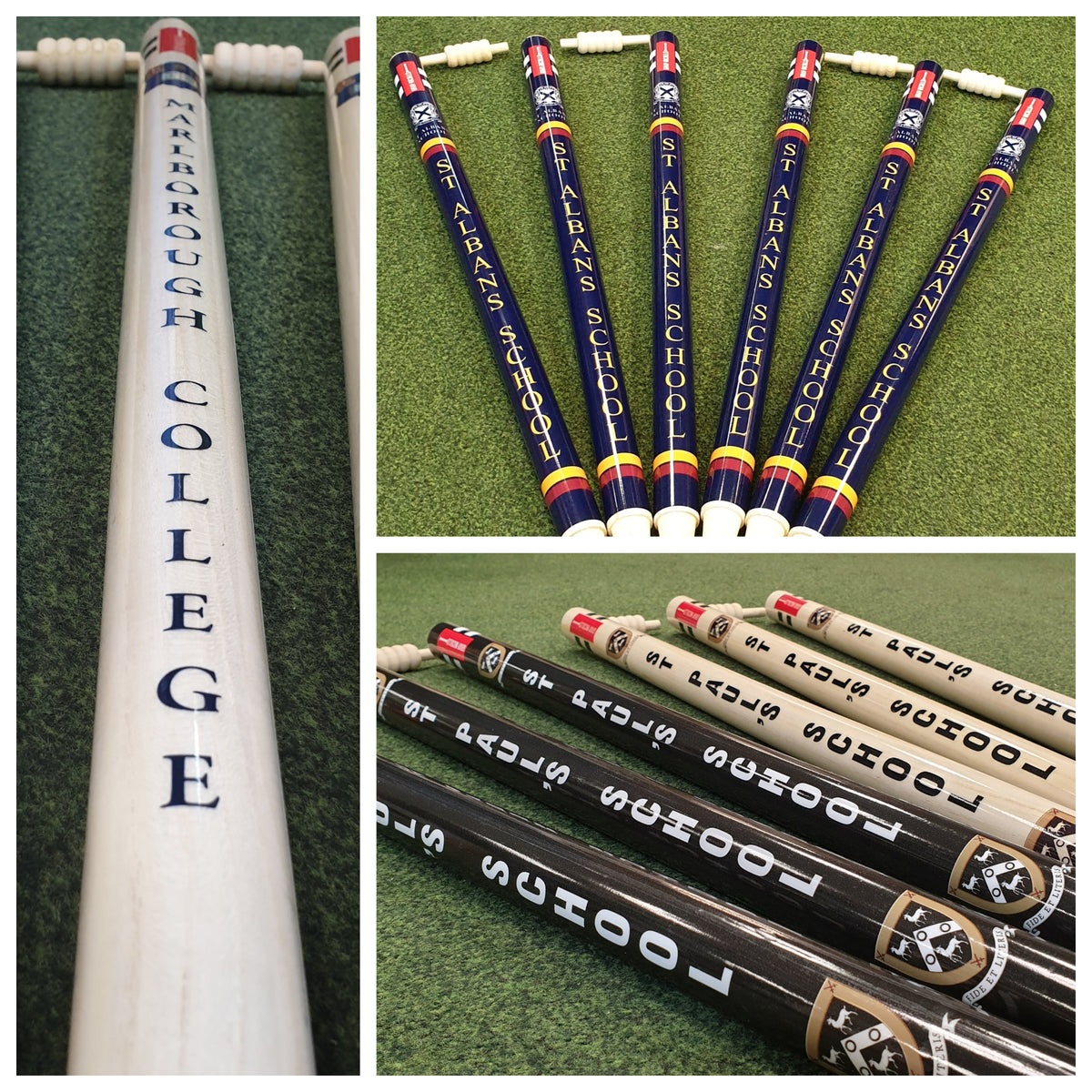 A collage of croquet mallets labeled "Marlborough College," grouped as "St. Albans School," and marked "Eton Fives" rests on turf, alongside Gray Nicolls Custom Printed Club Cricket Stumps for a personal touch.