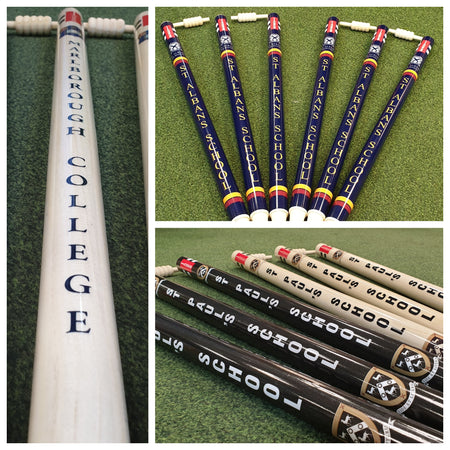 A collage of croquet mallets labeled "Marlborough College," grouped as "St. Albans School," and marked "Eton Fives" rests on turf, alongside Gray Nicolls Custom Printed Club Cricket Stumps for a personal touch.
