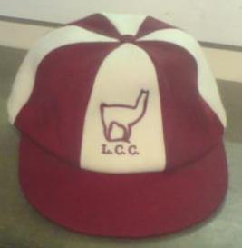 The Martin Berrill Sports Custom Honour & Commemorative Cap features maroon and white stripes, a llama outline, and L.C.C. letters on the front panel.