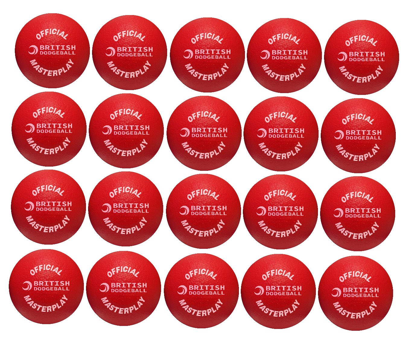 Twenty red Official British Dodgeball Foam Dodgeballs (Pack of 20) by British Dodgeball are arranged in a 4x5 grid, each labeled "OFFICIAL MASTERPLAY BRITISH DODGEBALL" in white text and approved by the UKDBA.