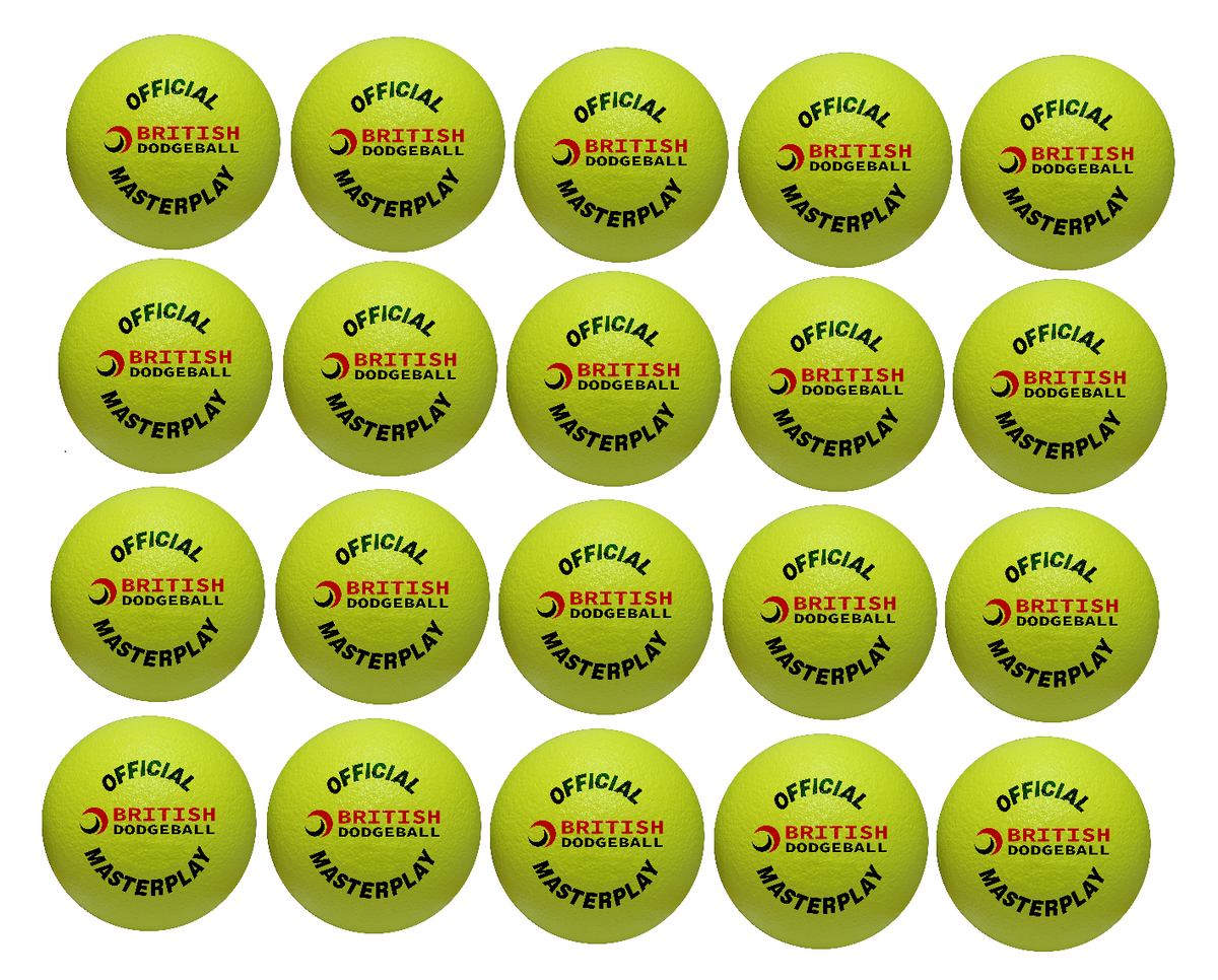 Twenty Official British Dodgeball Foam Dodgeballs (yellow) are arranged in a grid. Each ball features the British Dodgeball logo and branding, indicating they are British Dodgeball Approved. Pack includes 20 wipe-clean dodgeballs.