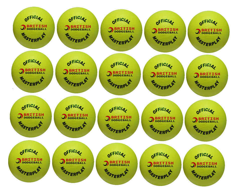 Twenty Official British Dodgeball Foam Dodgeballs (yellow) are arranged in a grid. Each ball features the British Dodgeball logo and branding, indicating they are British Dodgeball Approved. Pack includes 20 wipe-clean dodgeballs.