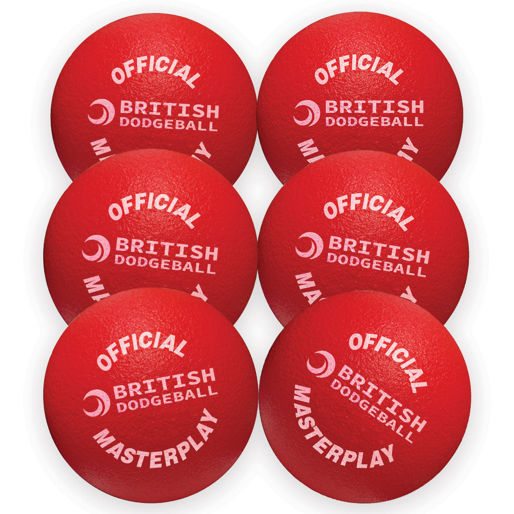 Set of 6 Official British Dodgeball Foam Dodgeballs in red by British Dodgeball, arranged in two rows. Each ball features white OFFICIAL BRITISH DODGEBALL MASTERPLAY text and a circular British Dodgeball logo above the wording.