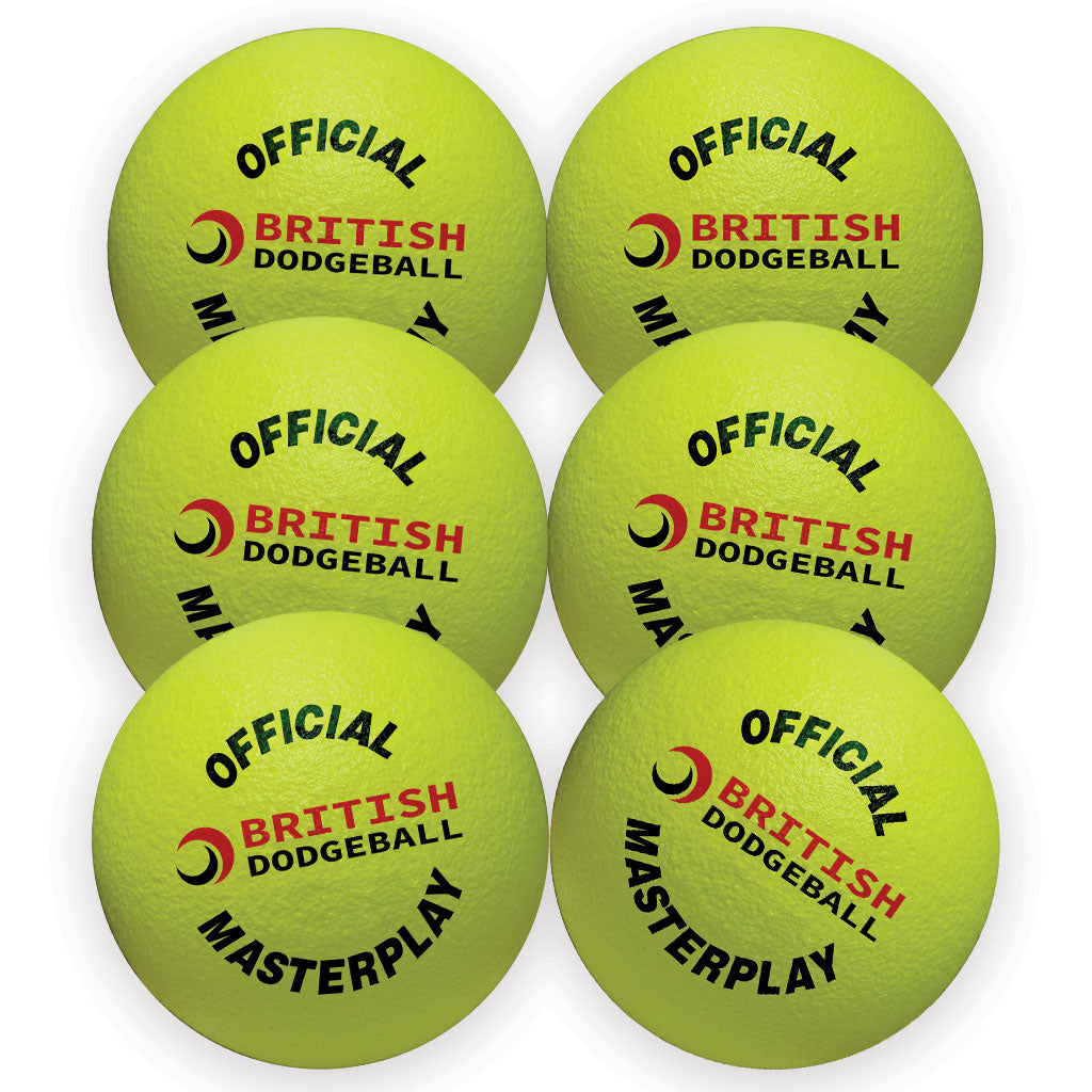 Six yellow 15cm Official British Dodgeball Foam Dodgeballs by British Dodgeball are arranged in two rows of three, each featuring a red and black logo and labeled OFFICIAL MASTERPLAY and British Dodgeball.
