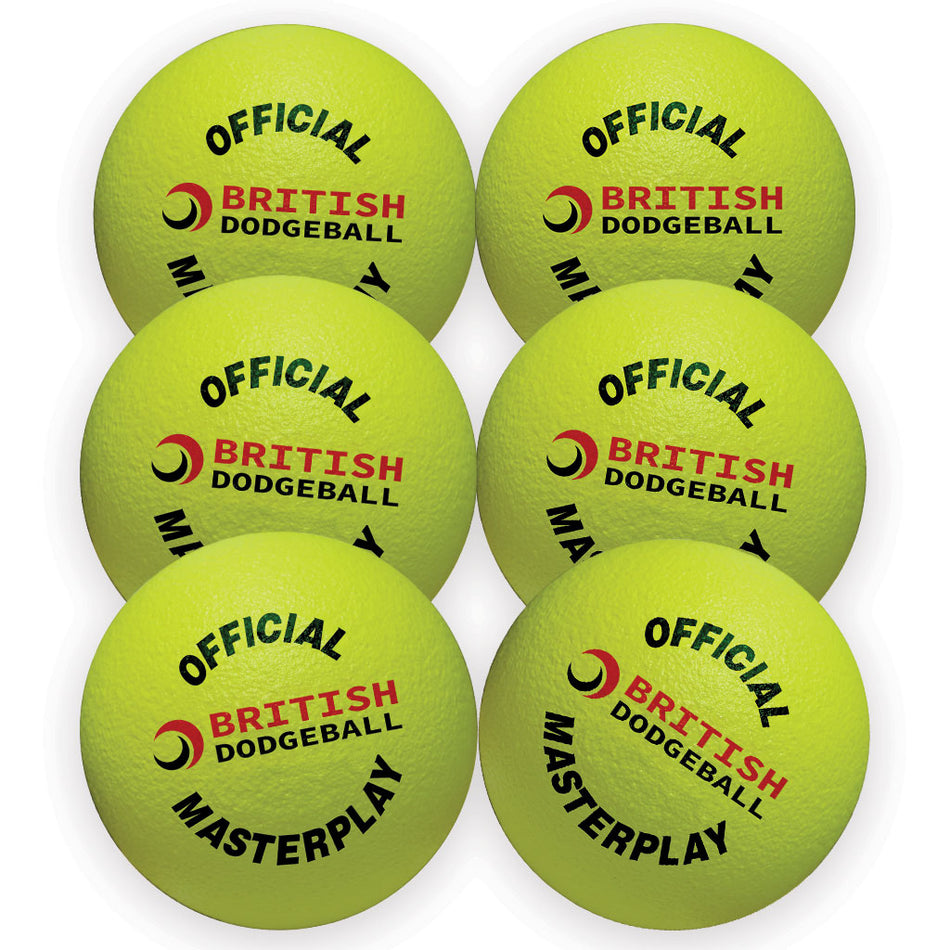 Six yellow 15cm Official British Dodgeball Foam Dodgeballs by British Dodgeball are arranged in two rows of three, each featuring a red and black logo and labeled OFFICIAL MASTERPLAY and British Dodgeball.